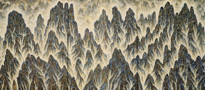 아리랑-금강산,  캔바스에 한지, 철분, 아크릴릭, 582×259(cm) 1997
