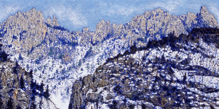 금강산 만물상-겨울, 캔바스에 한지 아크릴릭, 162*81 (cm), 2003 /개인소장

겨울의 만물상은 더욱 멋있습니다. 골선이 분명히 들어나 산의 윤곽이 분명합니다. 눈과 어우러진 색은 절제된 아름다움을 간직하고 있습니다. 눈속의 생명이 휴식을 취하고 내년의 성장과 찬란함을 숨기고 있어서 더욱 멋있습니다. 조용한 가운데 미세한 흔들림