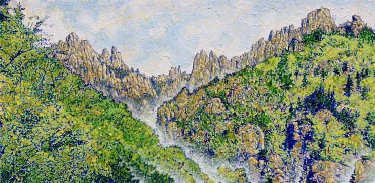 금강산 만물상-봄, 캔바스에 한지 아크릴릭, 162*81 (cm), 2003

삼선암에서 천선대로 올라가는중 만날수 있는 만물상의 모습을 소재로 하였습니다. 봄의 기운이 밝은 연두 빛으로 빛나고 있습니다. 만물이 새로운 생명력으로 소생하는 모습, 나무에 물이 오르는 모습을 표현하였습니다.