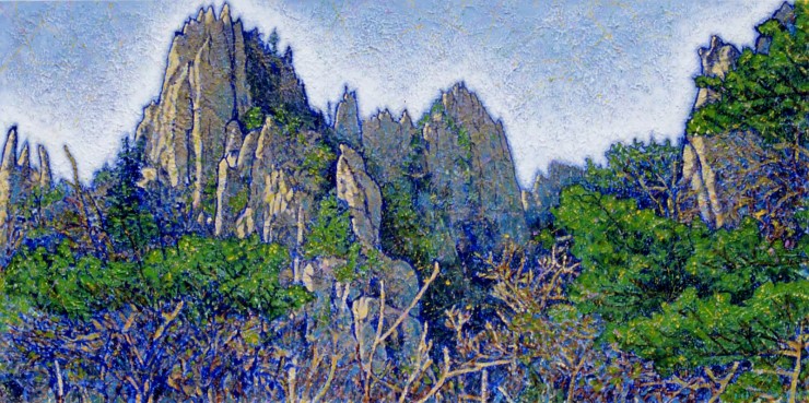금강산 만물상-여름, 캔바스에 한지 아크릴릭, 162*81 (cm), 2003 /거창문화회관소장

만물상 천선대 부근의 봉우리입니다. 하늘로 치솟는 기세가 웅장함을 보여줍니다. 여름의 시퍼런 기운을 표현하였습니다.