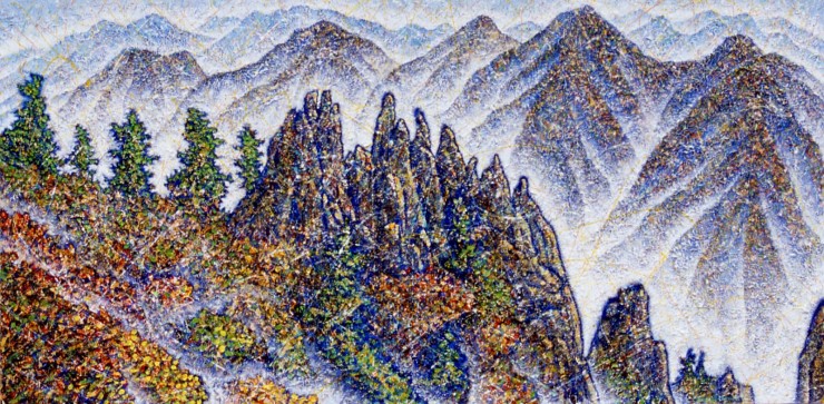 금강산 만물상-가을, 캔바스에 한지 아크릴릭, 162*81 (cm), 2003 /개인소장

관음연봉을 배경으로 보여지는 만물상의 바위와 단풍. 화려함은 배경으로 멀리 보여지는 관음연봉의 부드러움과 단순함 때문에 더욱 강조됩니다. 원경의 청색과 소나무의 녹색이 있어서 붉은 단풍은 더욱 붉게 보입니다