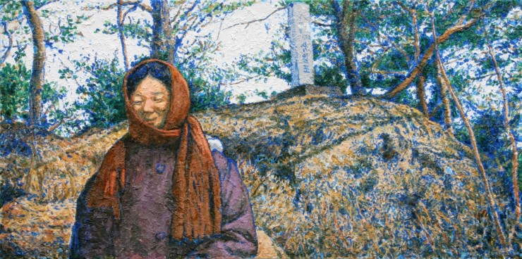 신장식_삼일포에서 만난 사람_캔버스에 한지와 아크릴 채색_60×120cm_2005