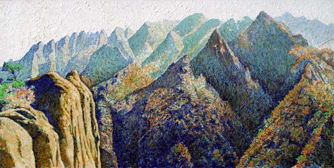 신장식_금강산 천화대_캔버스에 한지, 아크릴채색_120×240cm_2003